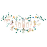 Princess party garland with castle, unicorns, swans, and flowers for whimsical children's birthday decorations.