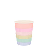 Meri Meri rainbow fringe party cup with pastel pink, yellow, green, and purple paper layers for birthday celebrations.