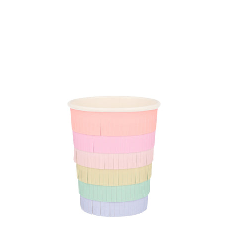 Meri Meri rainbow fringe party cup with pastel pink, yellow, green, and purple paper layers for birthday celebrations.