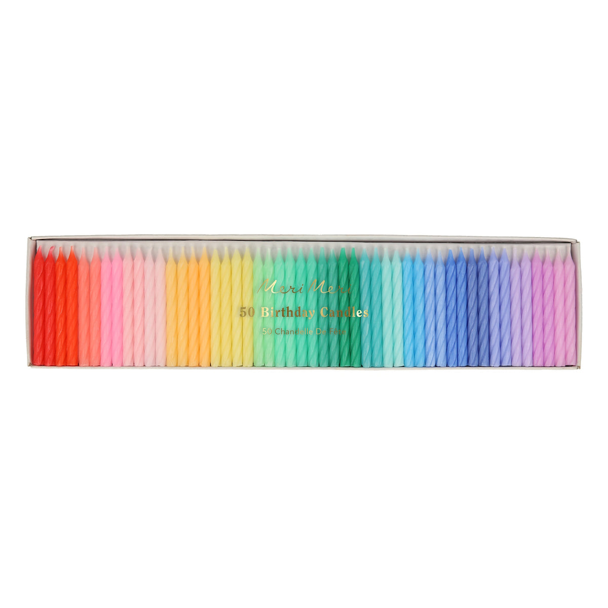 Meri Meri rainbow twisted mini birthday candles in a 50-count pack, featuring a colorful gradient from red to purple.