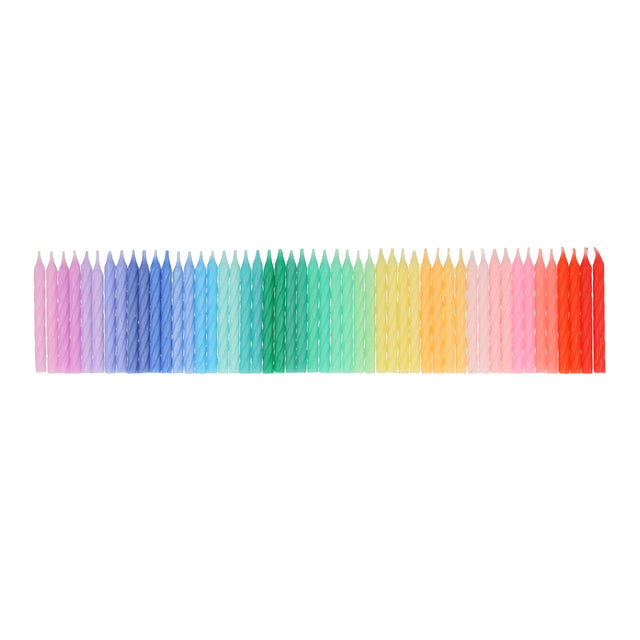 Row of multicolored rainbow twisted mini birthday candles in a gradient pattern on a plain white background.