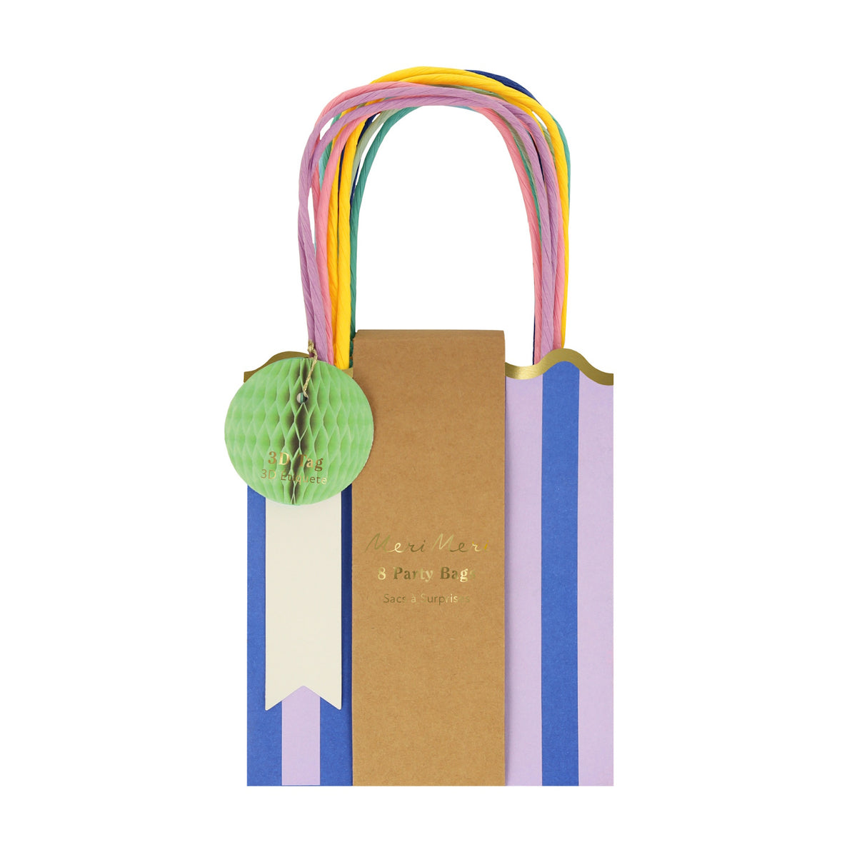 Meri Meri 8-pack purple and blue striped party bags with colorful handles, gold scalloped trim, and a green honeycomb tag.
