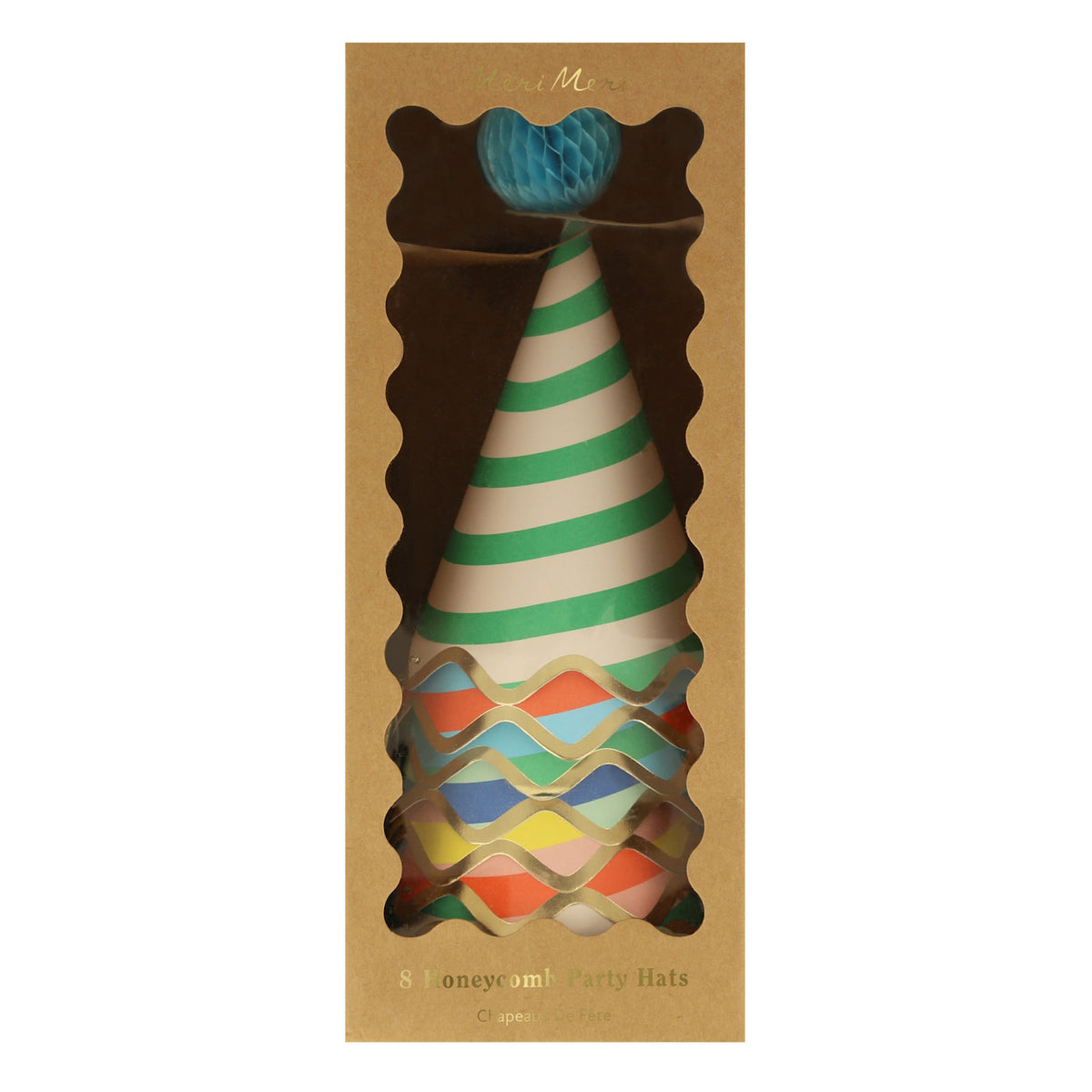 Meri Meri striped party hats set of 8 in brown window box packaging with gold foil detail on white.