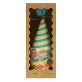 Meri Meri striped party hats set of 8 in brown window box packaging with gold foil detail on white.