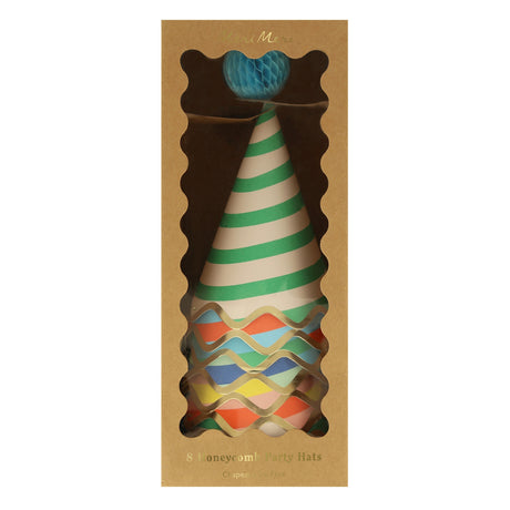 Meri Meri striped party hats set of 8 in brown window box packaging with gold foil detail on white.