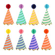 Eight colorful striped party hats with honeycomb pom-poms and gold scalloped trim by Meri Meri on a white background.
