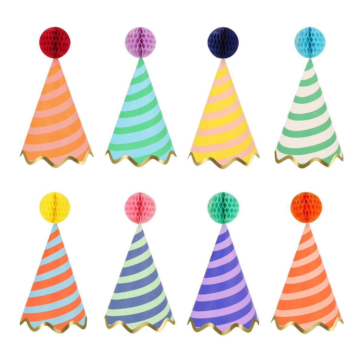 Eight colorful striped party hats with honeycomb pom-poms and gold scalloped trim by Meri Meri on a white background.