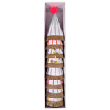 Set of 8 Meri Meri mini striped party hats with gold glitter fringe and a pink pom-pom in a slim white box.