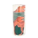 Stacked Meri Meri T-Rex party cups featuring orange dinosaur illustrations on dark green paper, ideal for dinosaur parties.