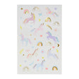 Sheet of magical unicorn stickers featuring pastel colors, gold foil accents, rainbows, stars, and hearts for kids.