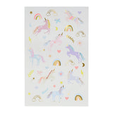 Sheet of magical unicorn stickers featuring pastel colors, gold foil accents, rainbows, stars, and hearts for kids.