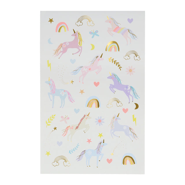 Sheet of magical unicorn stickers featuring pastel colors, gold foil accents, rainbows, stars, and hearts for kids.