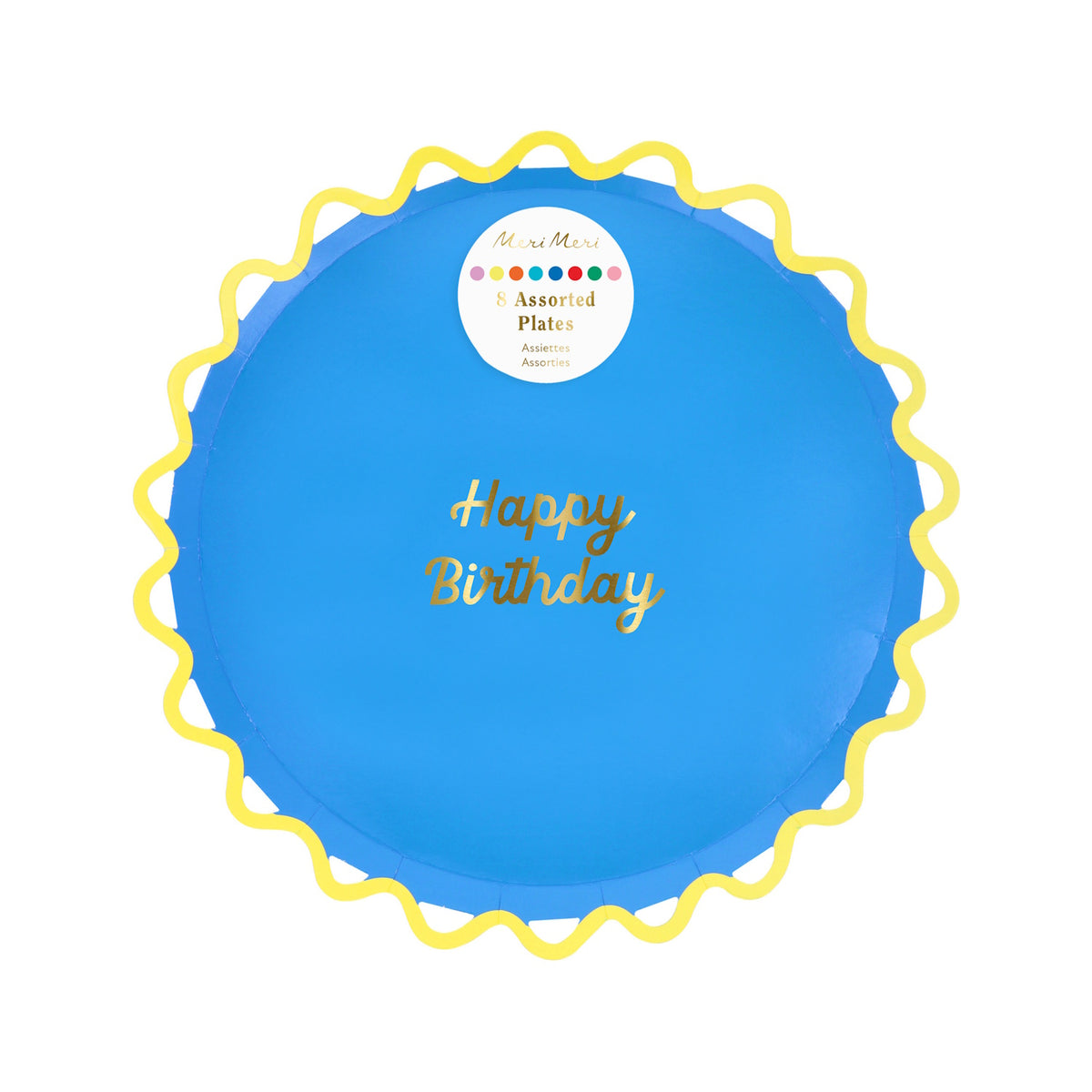 Blue Happy Birthday paper plate with a yellow wiggle edge and gold script. Part of an 8-pack for party table decor.