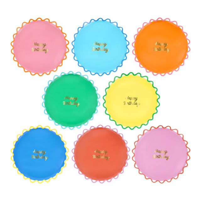 Colorful Meri Meri wiggle edge side plates with gold "Happy Birthday" text. Perfect for festive party table decor.