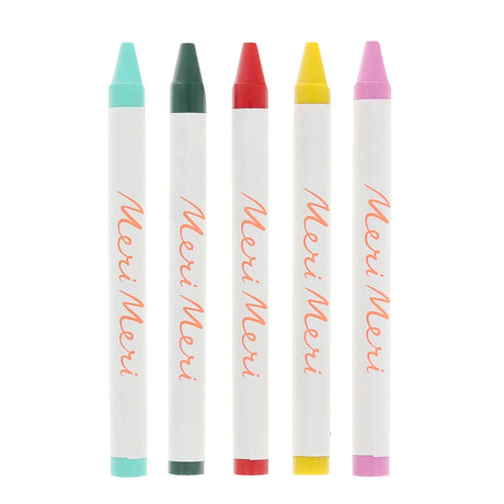 Set of five Meri Meri crayons in mint, dark green, red, yellow, and pink with white branded wrappers.