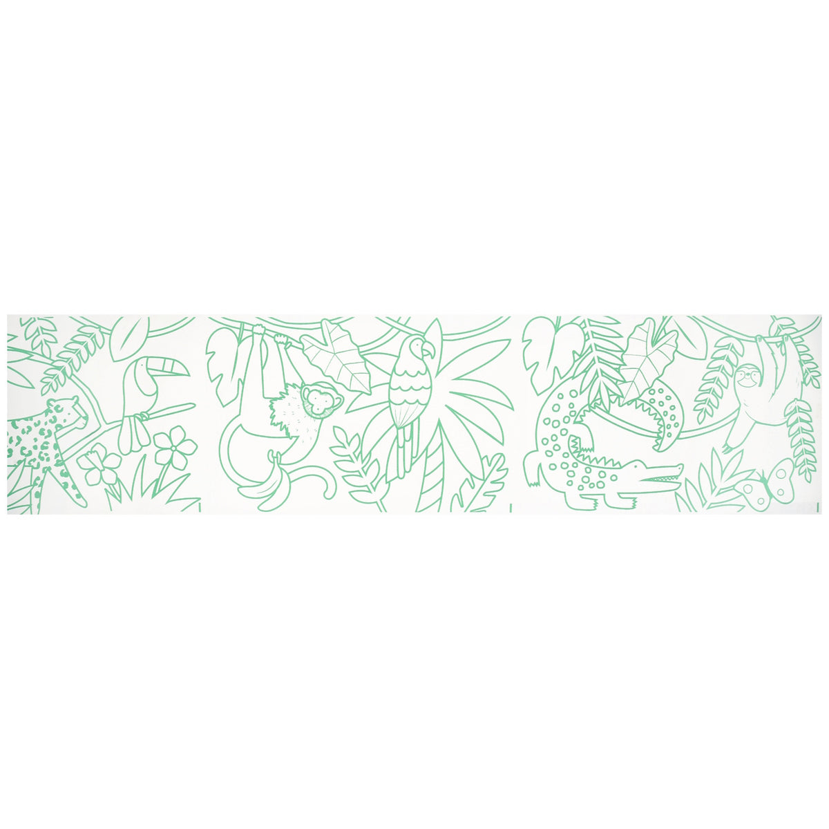 Meri Meri Wild Animals coloring roll featuring green line art of a leopard, toucan, monkey, parrot, and crocodile.