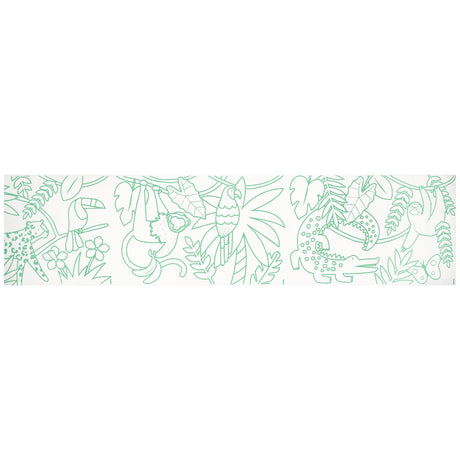 Meri Meri Wild Animals coloring roll featuring green line art of a leopard, toucan, monkey, parrot, and crocodile.