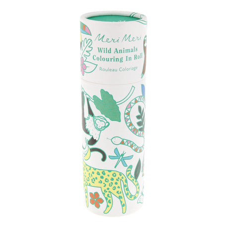 Meri Meri Wild Animals Colouring In Roll in a decorative tube featuring illustrations of a monkey, snake, and leopard.