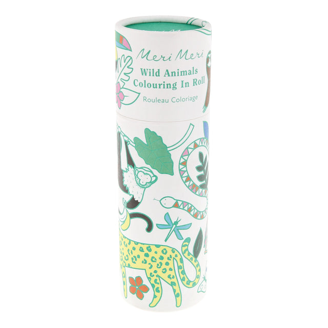 Meri Meri Wild Animals Colouring In Roll in a decorative tube featuring illustrations of a monkey, snake, and leopard.