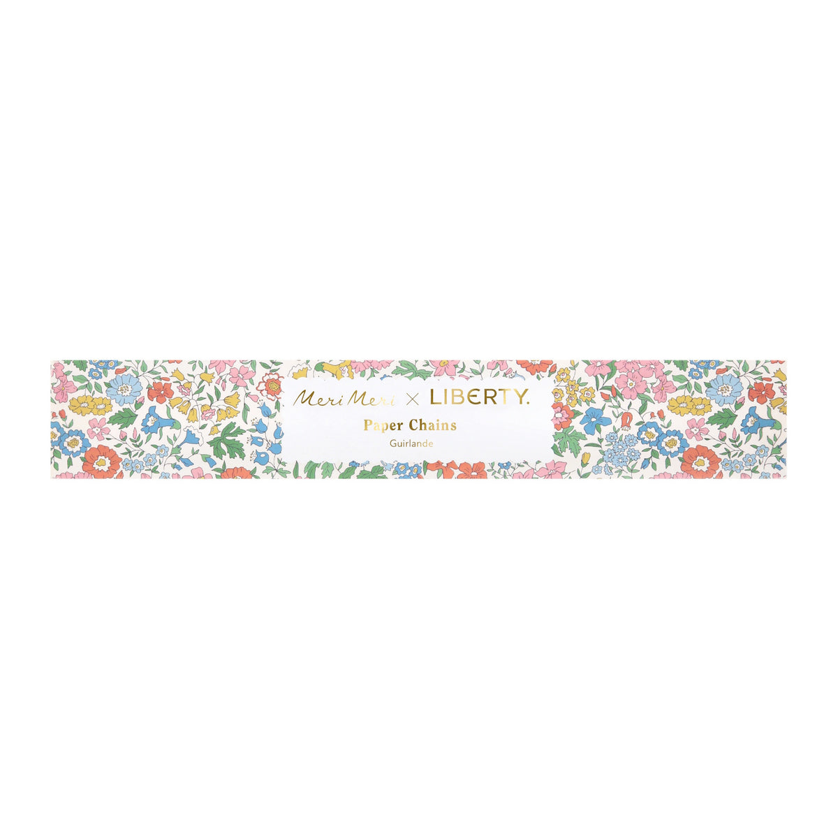 Meri Meri x Liberty floral scalloped paper chains packaging featuring a colorful vintage wildflower print on white.