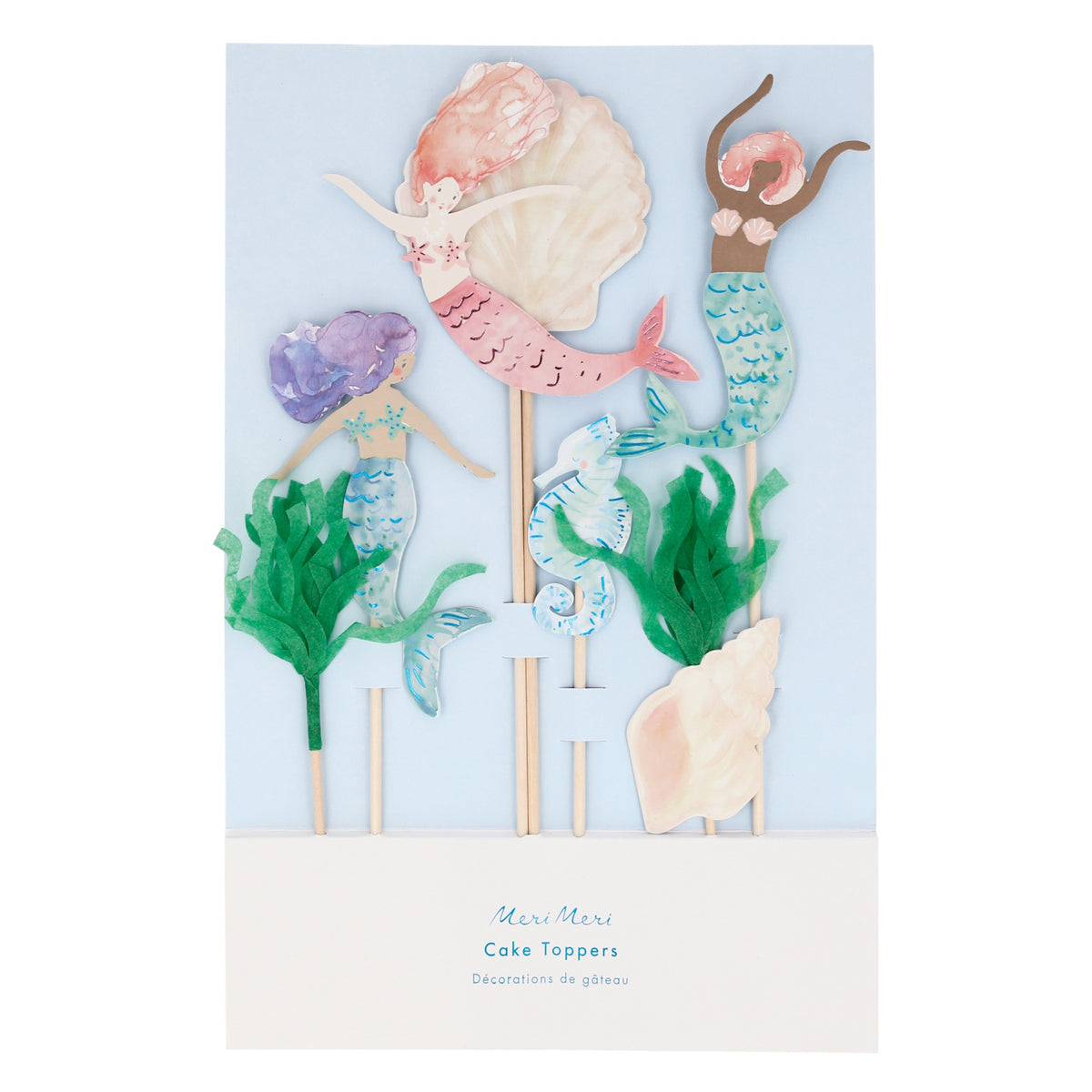 Set of Meri Meri mermaid-themed cake toppers featuring mermaids, sea shells, a seahorse, and seaweed.