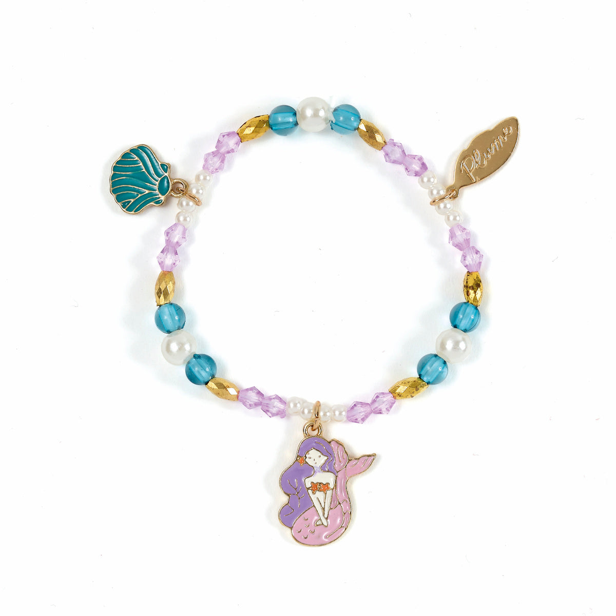 Calypso mermaid collection beaded charm bracelet with enamel mermaid and seashell pendants in purple and gold.