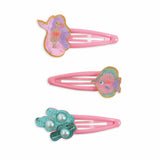 Marina mermaid collection set of 3 pink snap hair clips with mermaid, fish, and pearl seashell charms.
