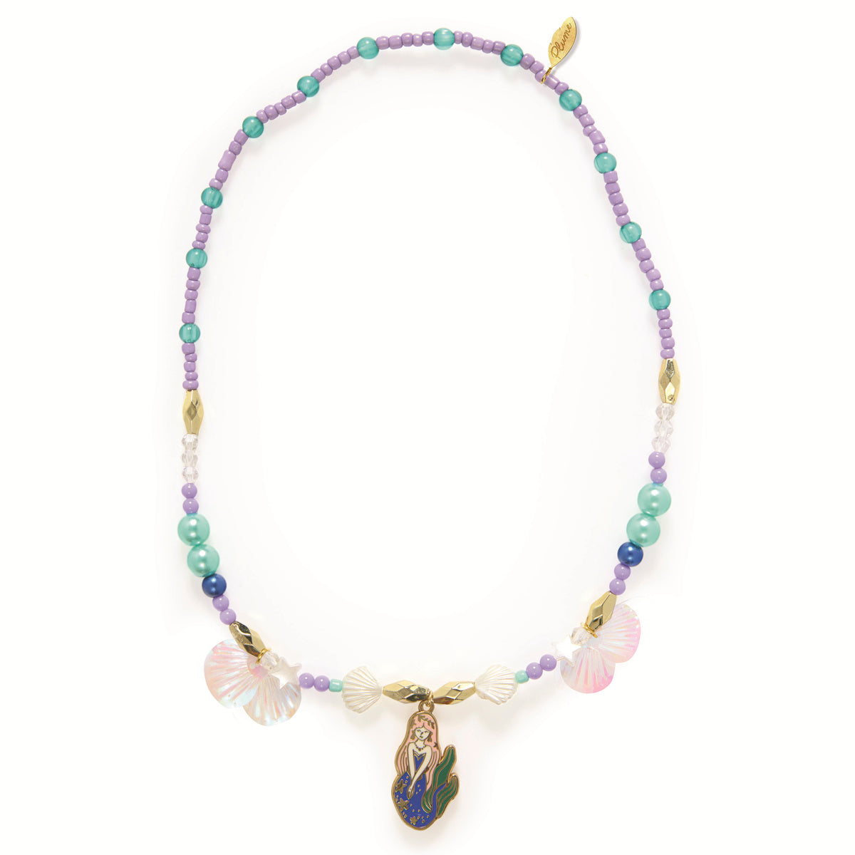 Alizee mermaid collection beaded necklace with iridescent seashell charms and enamel mermaid pendant in purple teal.