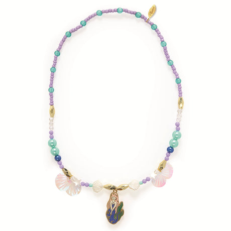 Alizee mermaid collection beaded necklace with iridescent seashell charms and enamel mermaid pendant in purple teal.