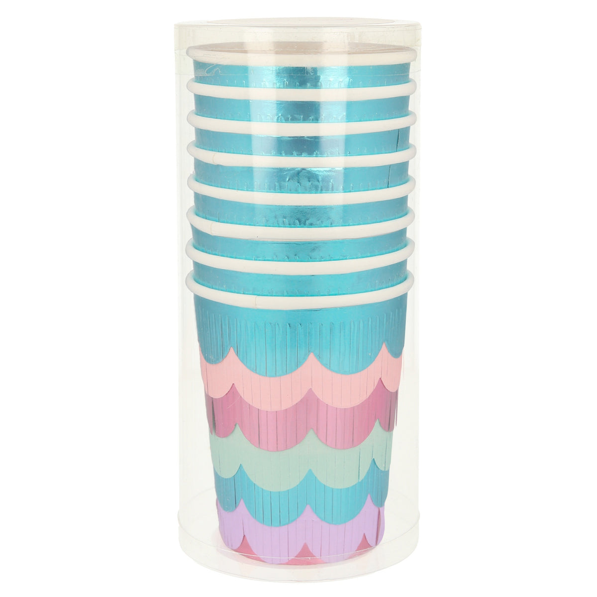 A stack of metallic blue paper cups with layered, colorful fringe detailing in a clear plastic tube.
