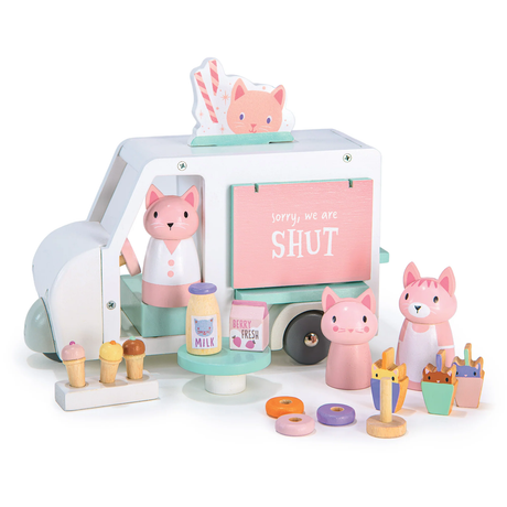 A wooden toy food truck set displaying a closed window sign reading "Sorry, we are SHUT" with cat figures.