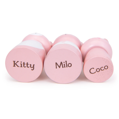 Bottoms of three pink toy cat figures printed with the names Kitty, Milo, and Coco.