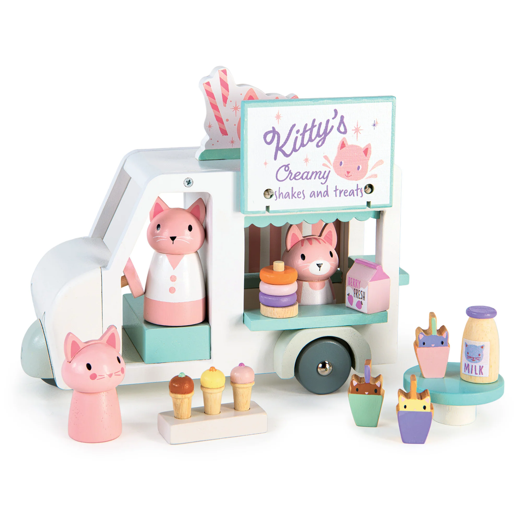 A wooden play set featuring a charming milkshake van with detailed accessories, perfect for imaginative role play and serving up delicious pretend treats.