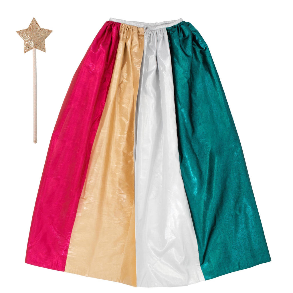 Featuring a shimmering rainbow-colored cape with gold trim and a matching star-topped wand, perfect for magical dress-up play.