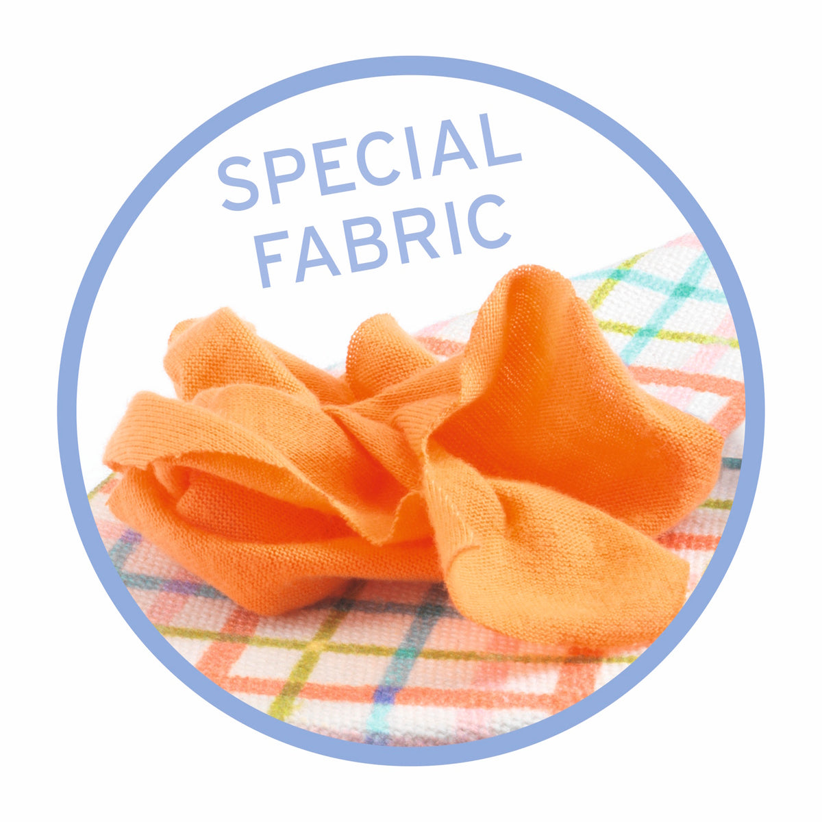 Orange textured special fabric material shown bunched over a colorful plaid patterned cloth background.
