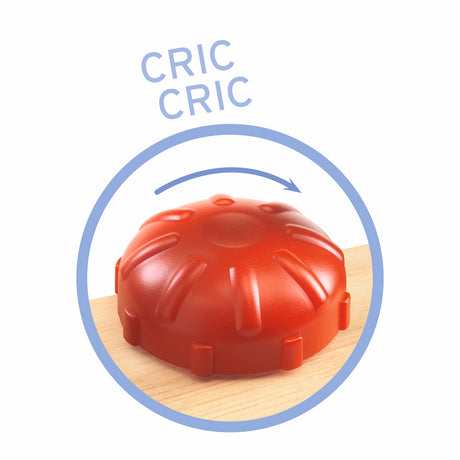 Red rotating plastic dial toy for kids with clicking sound effect and directional arrow.