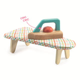 Wooden toy iron and ironing board set with colorful fabric cover and clicking red knob for kids' pretend play.