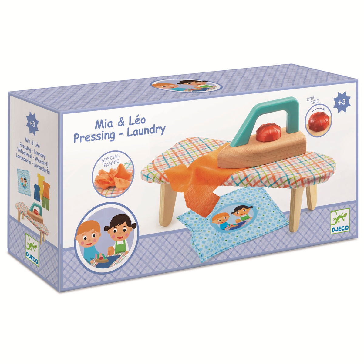 Djeco Mia & Leo Pressing Laundry wooden toy iron and ironing board set for toddlers and pretend play.