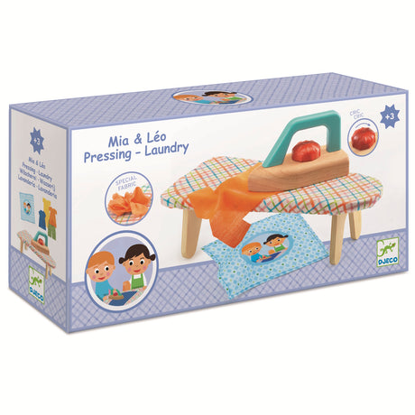 Djeco Mia & Leo Pressing Laundry wooden toy iron and ironing board set for toddlers and pretend play.