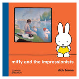 Cover of "Miffy and the Impressionists" features Miffy in a yellow swimsuit on an orange background, with an Impressionist painting of people by a river.