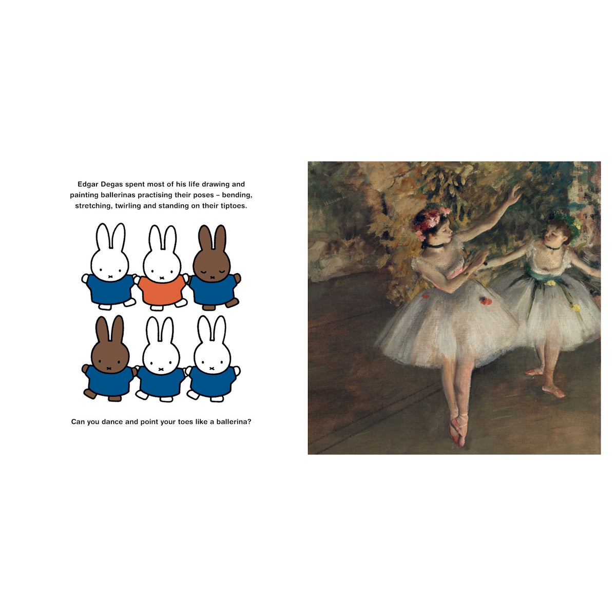 Cartoon bunnies in blue and red mimic ballet poses next to a painting of two ballerinas in tutus. Text highlights Edgar Degas' focus on ballerinas.