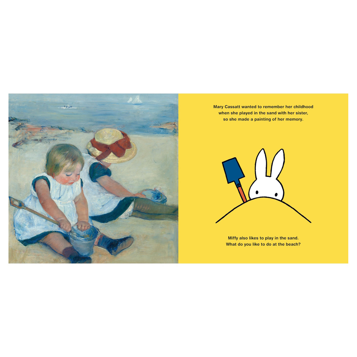 The image shows a painting of two children playing in the sand by the sea, and a yellow page with a bunny holding a shovel, asking about beach activities.