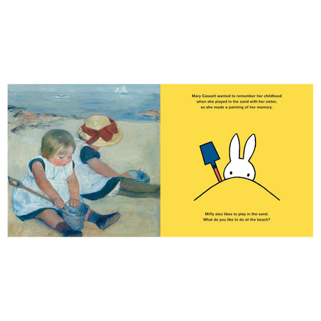 The image shows a painting of two children playing in the sand by the sea, and a yellow page with a bunny holding a shovel, asking about beach activities.