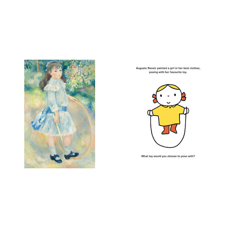 A young girl in a blue dress holds a hoop in a painting by Renoir, set in a lush garden. Beside her, a cartoon child skips rope with text: “What toy would you choose to pose with?” The mood is playful and nostalgic.