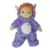Plush doll standing in a fuzzy purple monster suit with white horns, orange hair, and a rainbow.