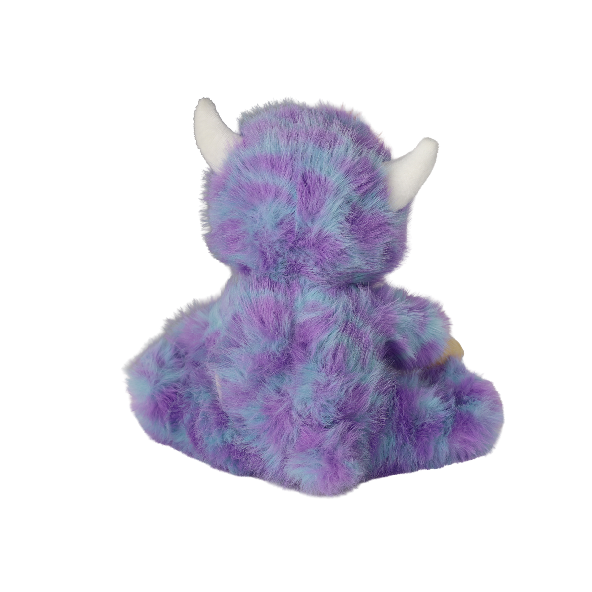 Back view of a seated plush doll in a fuzzy purple monster suit with white horns.