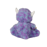 Back view of a seated plush doll in a fuzzy purple monster suit with white horns.