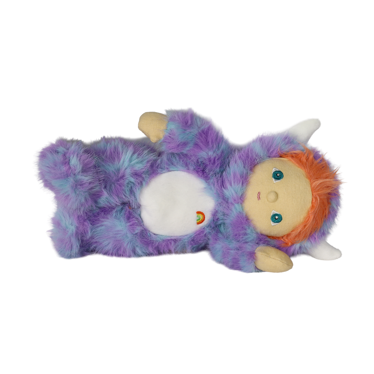 Plush doll lying on its side wearing a fuzzy purple monster suit with white horns and orange hair.