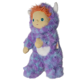 Side view of plush doll in a fuzzy purple monster suit with white horns and orange hair.