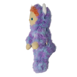 Profile view of a plush doll wearing a fuzzy purple monster costume with white horns and orange hair.